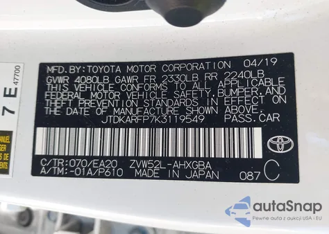 2019 Toyota Prius Prime Premium z USA, uszkodzony, nr VIN JTDKARFP7K3119549